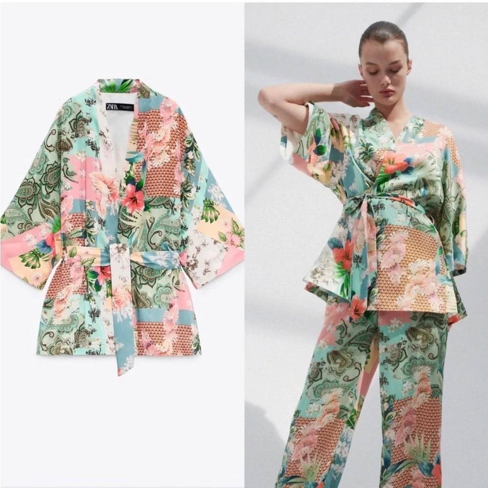 Zara Kimono Jacket Womens Multicolor Small Floral Patchwork Italian Fabric